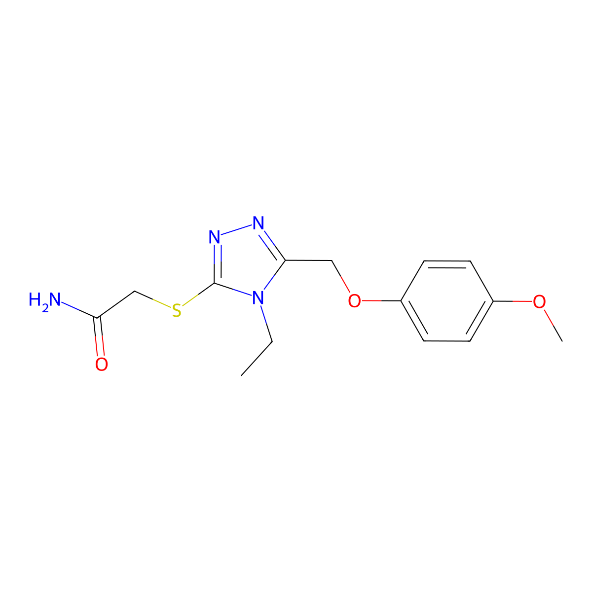 2-({4-ethyl-5-[(4-methoxyphenoxy)methyl]-4H-1,2,4-triazol-3-yl}sulfanyl)acetamide molecular structure, CAS 482652-03-9