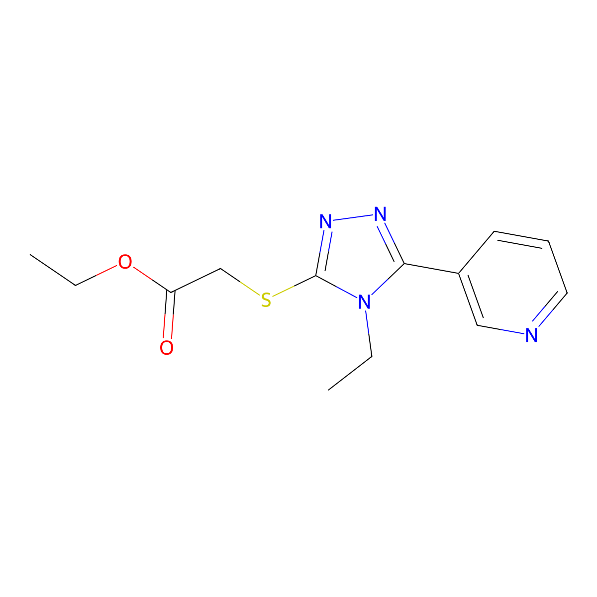 Ethyl 2-(4-ethyl-5-(3-pyridyl)-1,2,4-triazol-3-ylthio)acetate molecular structure, CAS 482657-95-4