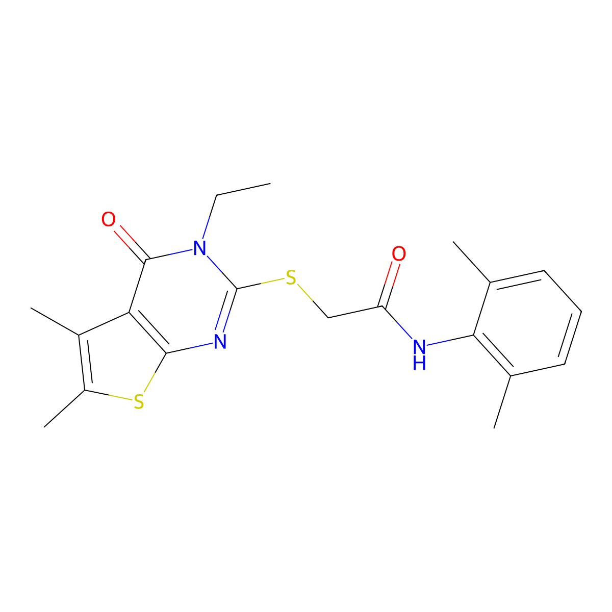 N-(2,6-Dimethylphenyl)-2-((3-ethyl-5,6-dimethyl-4-oxo-3,4-dihydrothieno(2,3-D)pyrimidin-2-YL)sulfanyl)acetamide molecular structure, CAS 482660-87-7