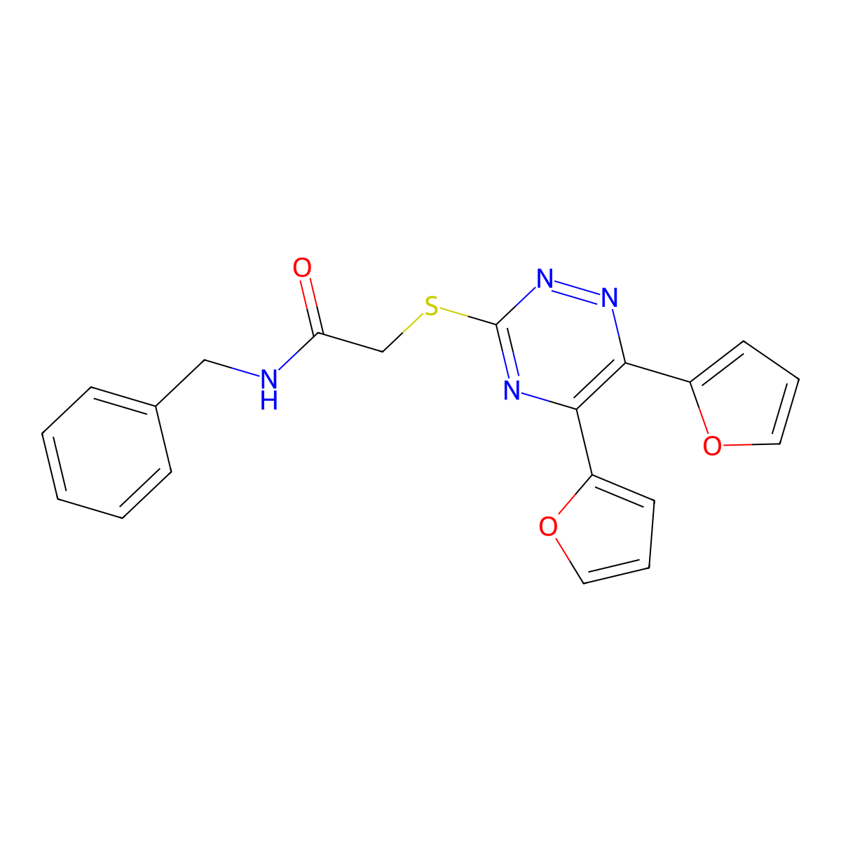 N-benzyl-2-[[5,6-bis(furan-2-yl)-1,2,4-triazin-3-yl]sulfanyl]acetamide molecular structure, CAS 483293-23-8