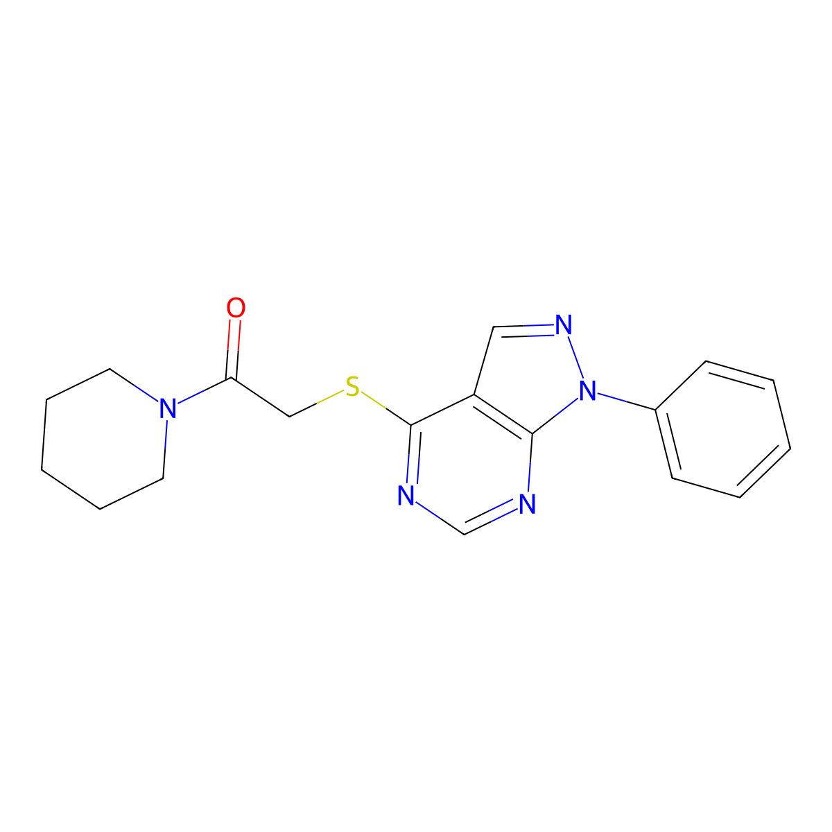 2-(1-Phenylpyrazolo[3,4-d]pyrimidin-4-yl)sulfanyl-1-piperidin-1-ylethanone molecular structure, CAS 483293-67-0