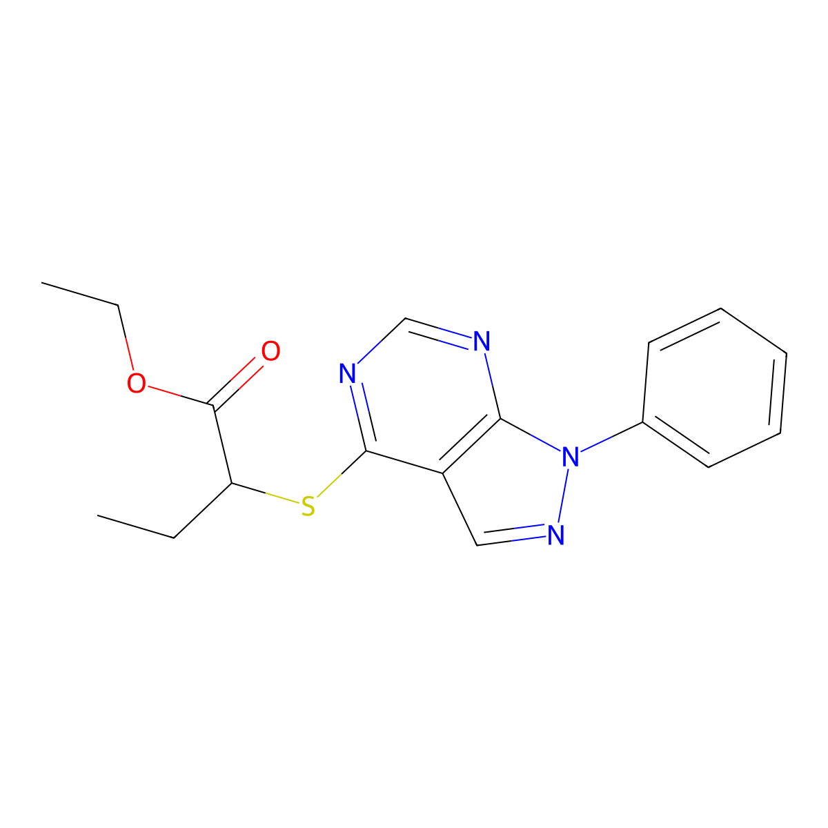 Ethyl 2-(1-phenylpyrazolo[3,4-d]pyrimidin-4-yl)sulfanylbutanoate molecular structure, CAS 483293-76-1