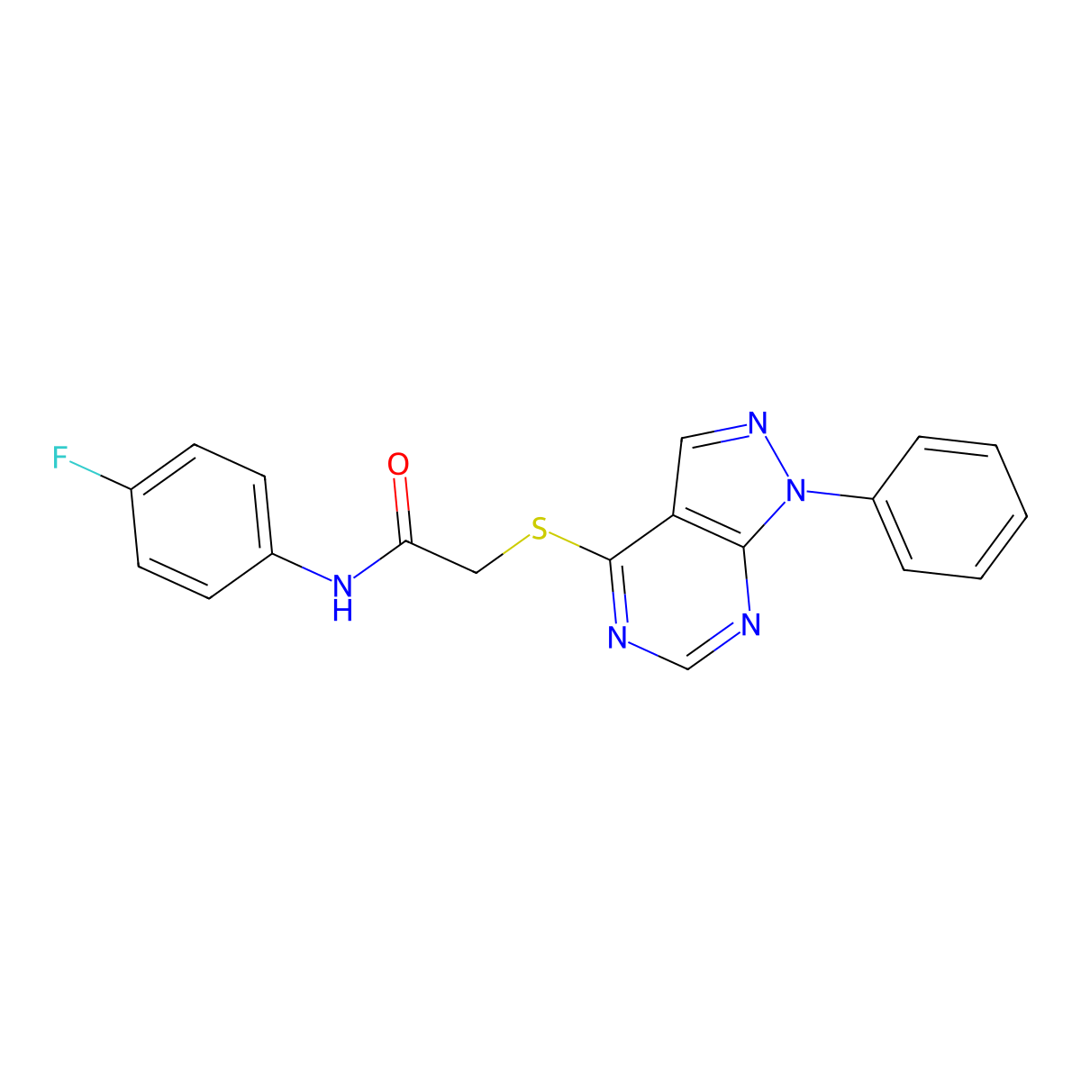 N-(4-fluorophenyl)-2-((1-phenyl-1H-pyrazolo[3,4-d]pyrimidin-4-yl)thio)acetamide molecular structure, CAS 483293-79-4