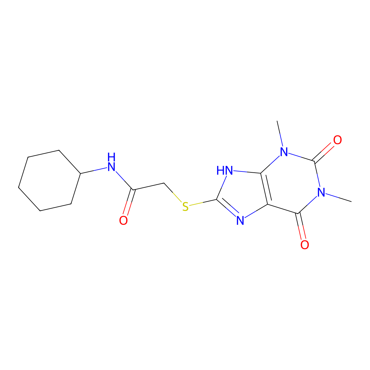 2-(1,3-dimethyl-2,6-dioxo(1,3-dihydropurin-8-ylthio))-N-cyclohexylacetamide molecular structure, CAS 483307-82-0