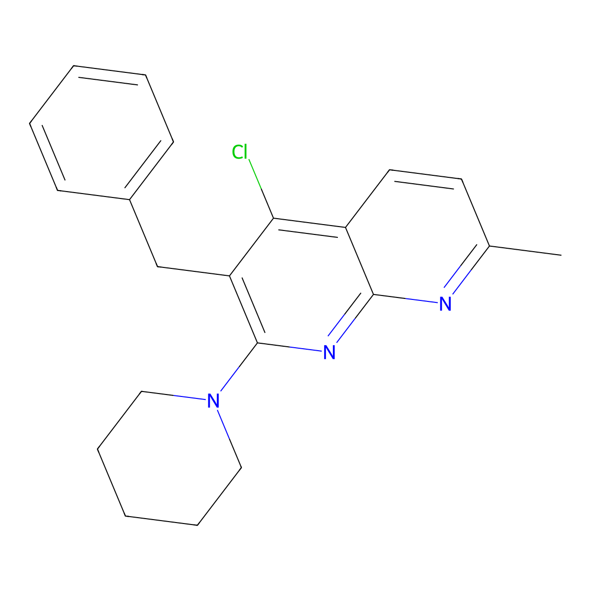 3-Benzyl-4-chloro-7-methyl-2-(1-piperidinyl)[1,8]naphthyridine molecular structure, CAS 483342-57-0