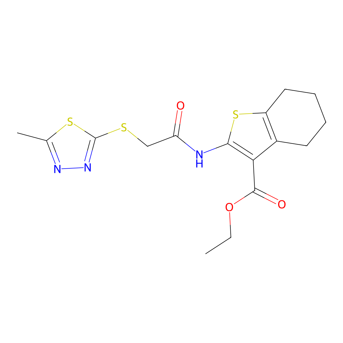 Ethyl 2-(2-((5-methyl-1,3,4-thiadiazol-2-yl)thio)acetamido)-4,5,6,7-tetrahydrobenzo[b]thiophene-3-carboxylate molecular structure, CAS 483348-08-9