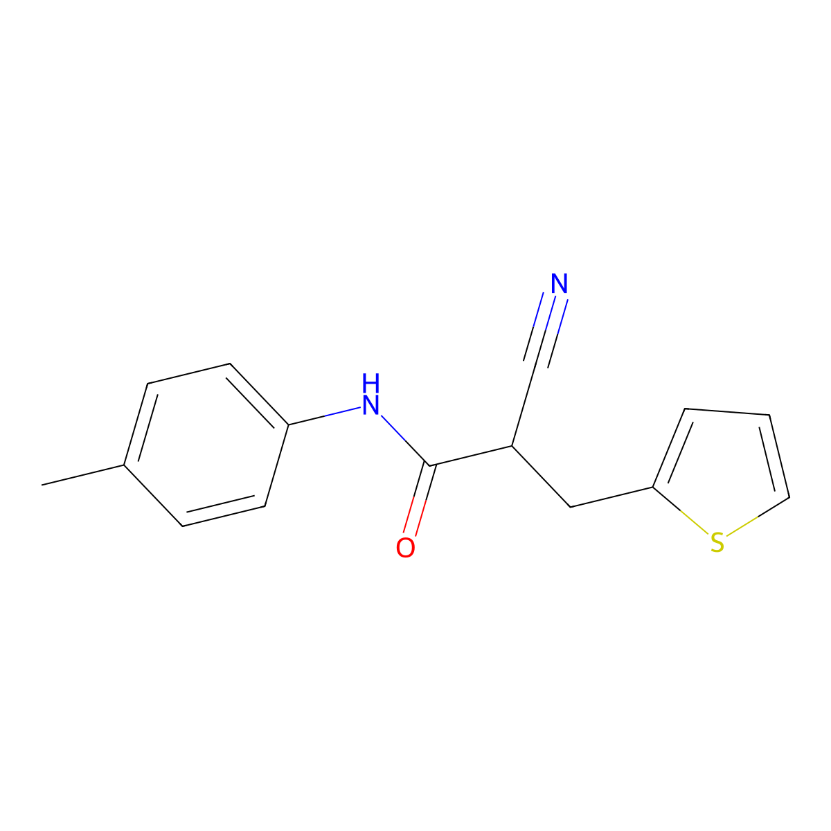 2-cyano-N-(4-methylphenyl)-3-(thiophen-2-yl)propanamide molecular structure, CAS 483359-09-7