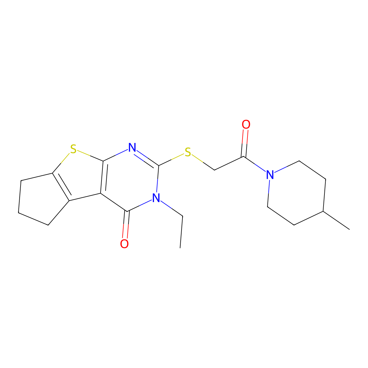 11-Ethyl-10-{[2-(4-methylpiperidin-1-yl)-2-oxoethyl]sulfanyl}-7-thia-9,11-diazatricyclo[6.4.0.0^{2,6}]dodeca-1(8),2(6),9-trien-12-one molecular structure, CAS 483976-40-5