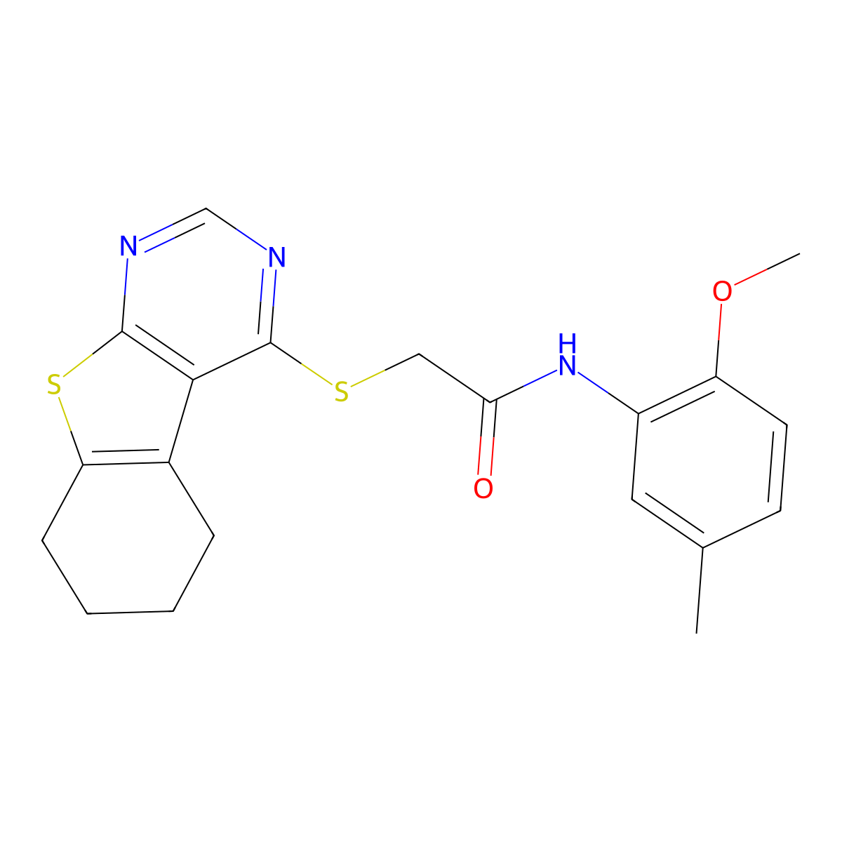N-(2-methoxy-5-methylphenyl)-2-(5,6,7,8-tetrahydro[1]benzothieno[2,3-d]pyrimidin-4-ylsulfanyl)acetamide molecular structure, CAS 483984-09-4