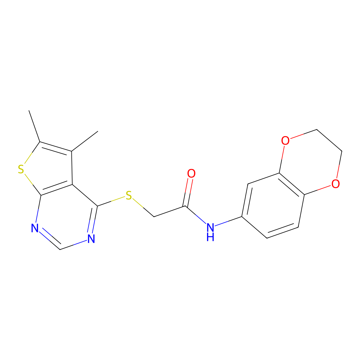 N-(2,3-dihydro-1,4-benzodioxin-6-yl)-2-(5,6-dimethylthieno[2,3-d]pyrimidin-4-yl)sulfanylacetamide molecular structure, CAS 483984-18-5