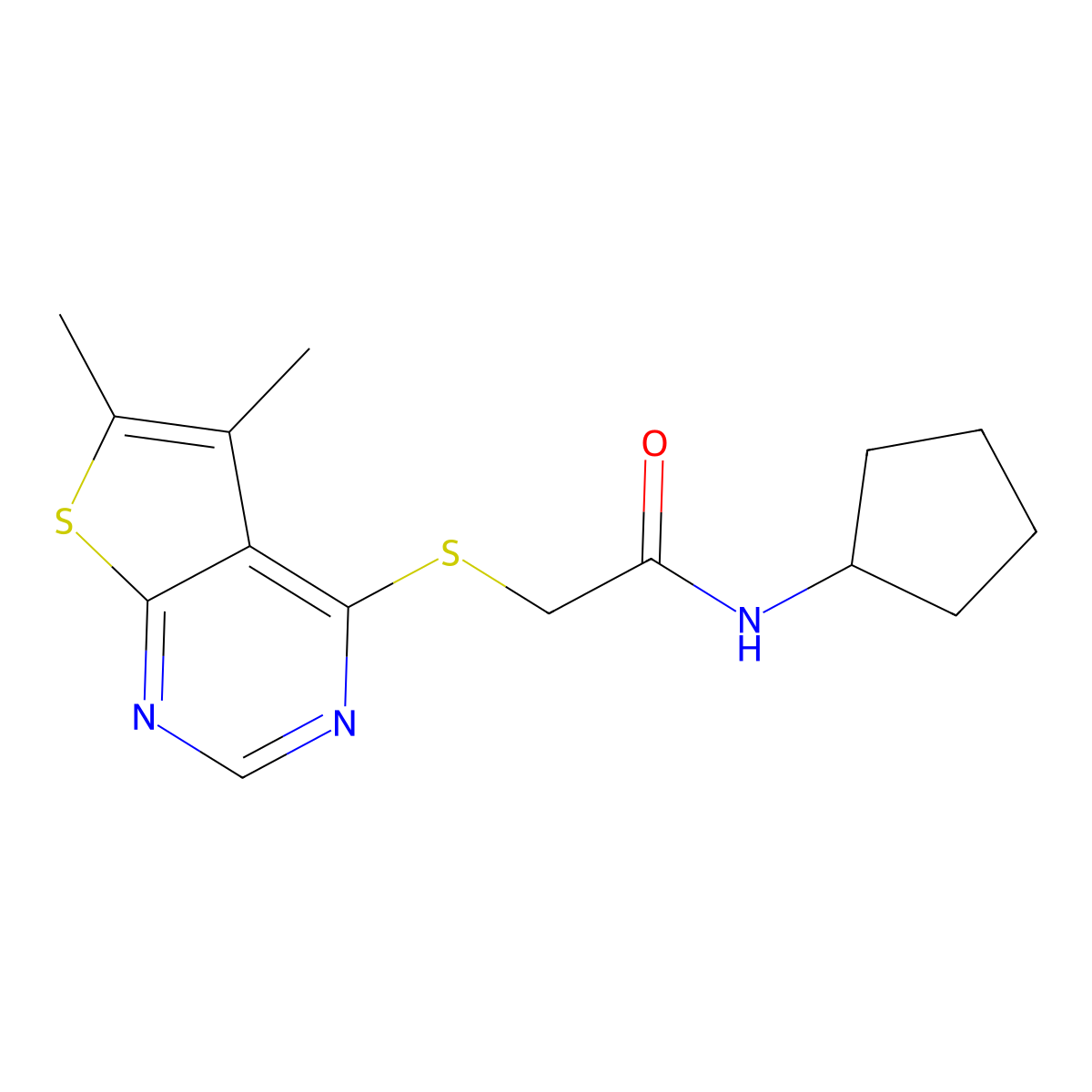 N-cyclopentyl-2-(5,6-dimethylthieno[2,3-d]pyrimidin-4-yl)sulfanylacetamide molecular structure, CAS 483984-20-9