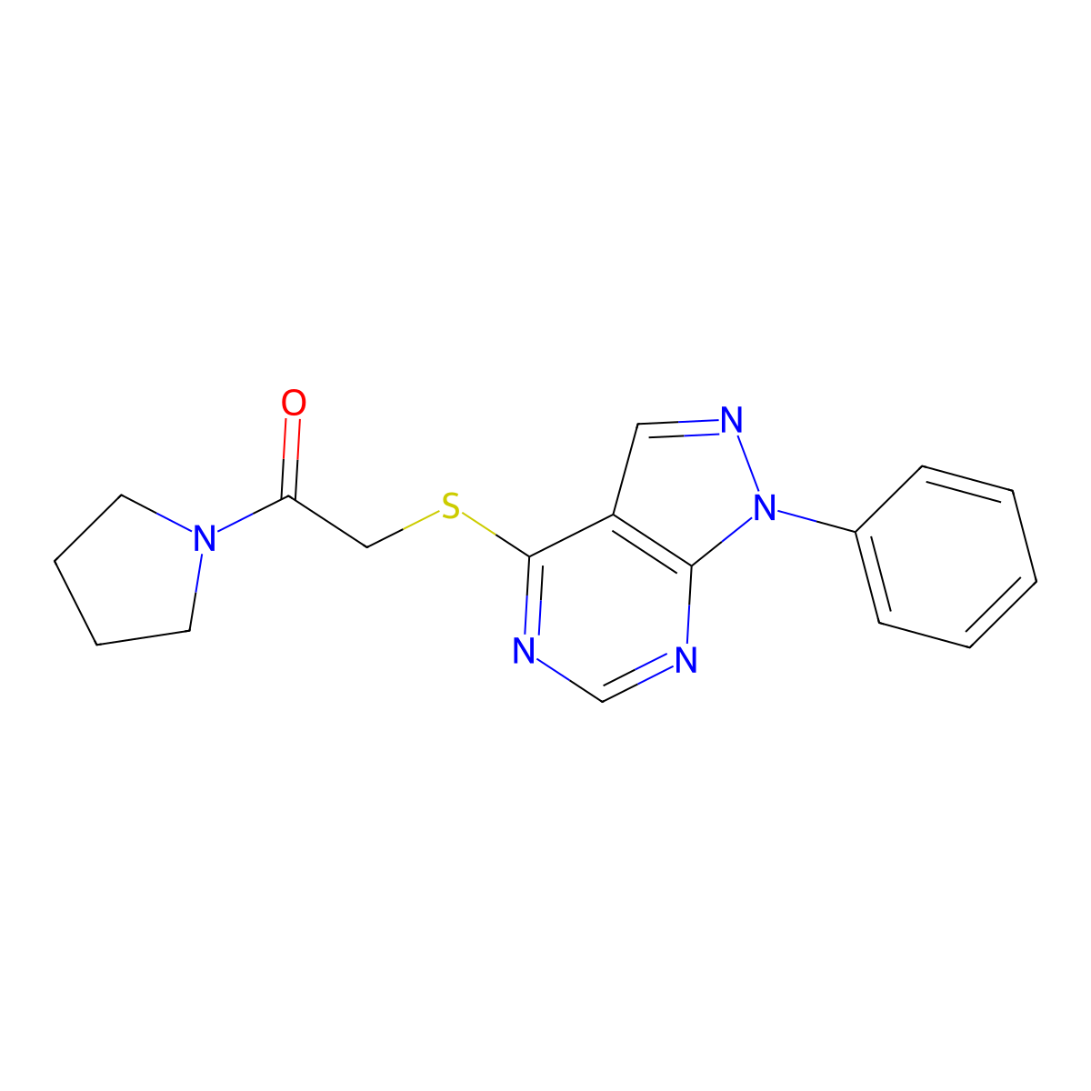 2-((1-phenyl-1H-pyrazolo[3,4-d]pyrimidin-4-yl)thio)-1-(pyrrolidin-1-yl)ethanone molecular structure, CAS 483984-39-0