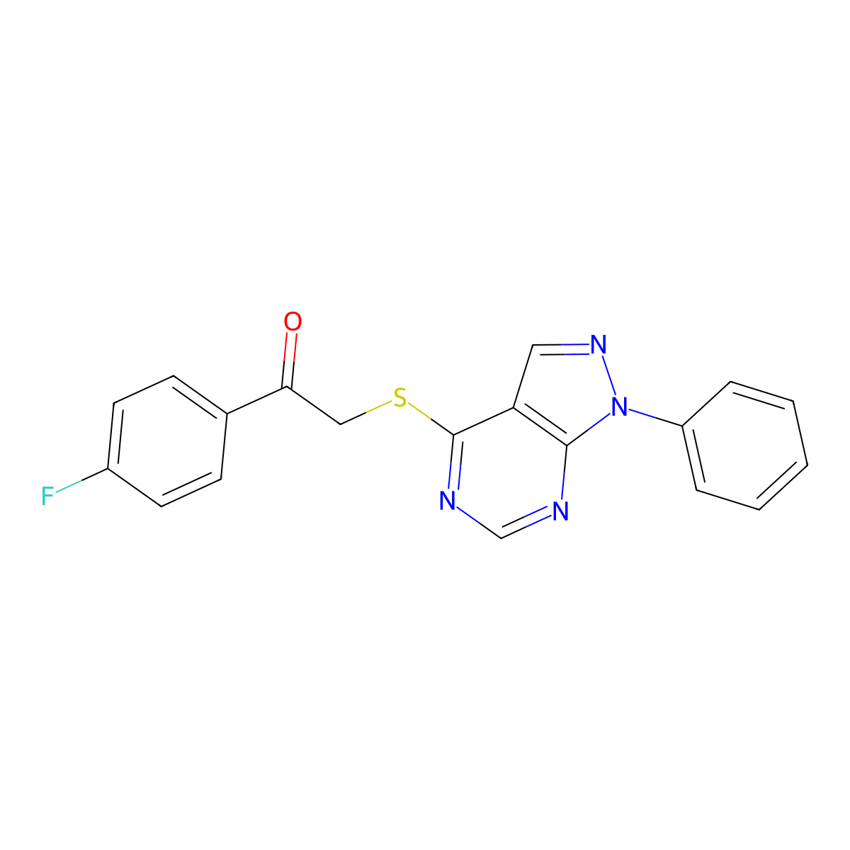 1-(4-Fluorophenyl)-2-(1-phenylpyrazolo[3,4-d]pyrimidin-4-yl)sulfanylethanone molecular structure, CAS 483984-45-8