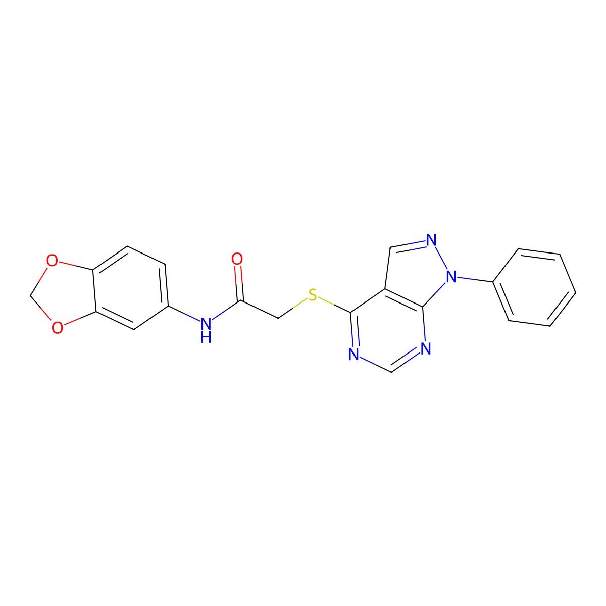 N-(1,3-benzodioxol-5-yl)-2-(1-phenylpyrazolo[3,4-d]pyrimidin-4-yl)sulfanylacetamide molecular structure, CAS 483984-47-0