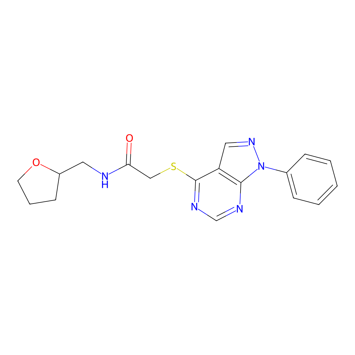 2-((1-phenyl-1H-pyrazolo[3,4-d]pyrimidin-4-yl)thio)-N-((tetrahydrofuran-2-yl)methyl)acetamide molecular structure, CAS 483984-55-0