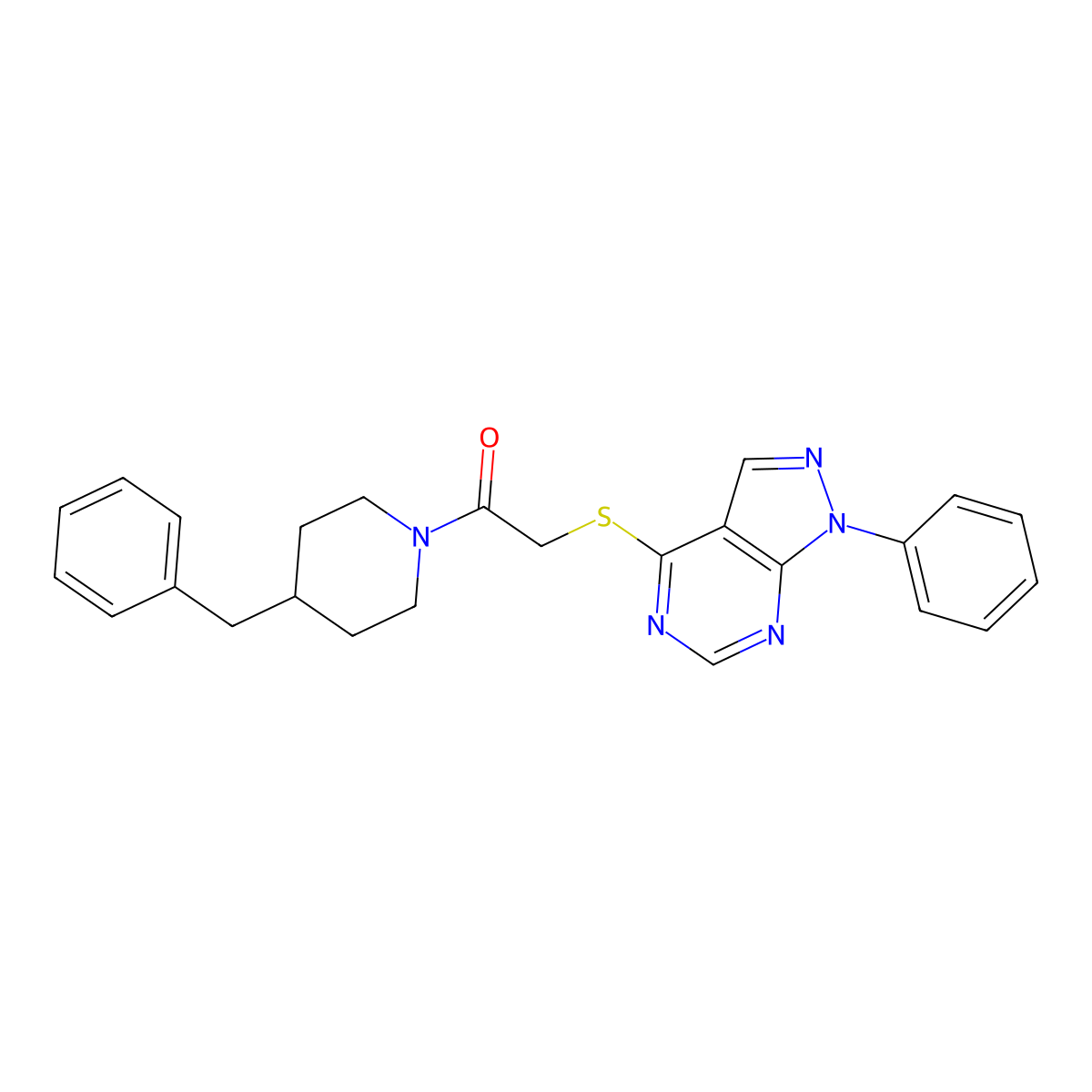 1-(4-benzylpiperidin-1-yl)-2-((1-phenyl-1H-pyrazolo[3,4-d]pyrimidin-4-yl)thio)ethanone molecular structure, CAS 483984-60-7