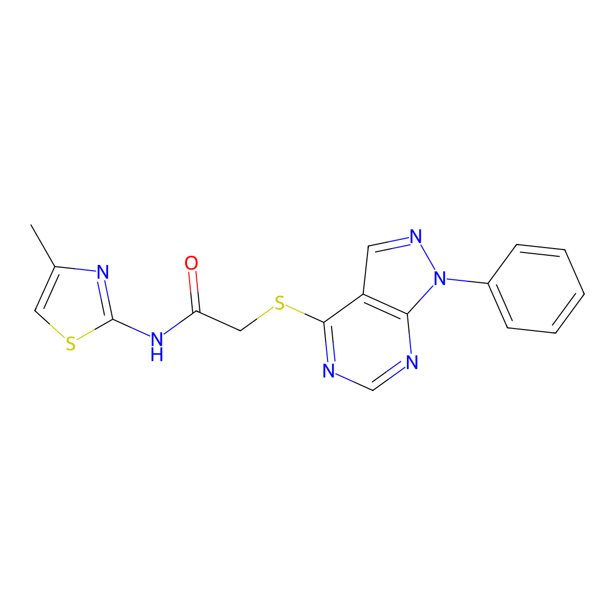 N-(4-methylthiazol-2-yl)-2-((1-phenyl-1H-pyrazolo[3,4-d]pyrimidin-4-yl)thio)acetamide molecular structure, CAS 483984-64-1