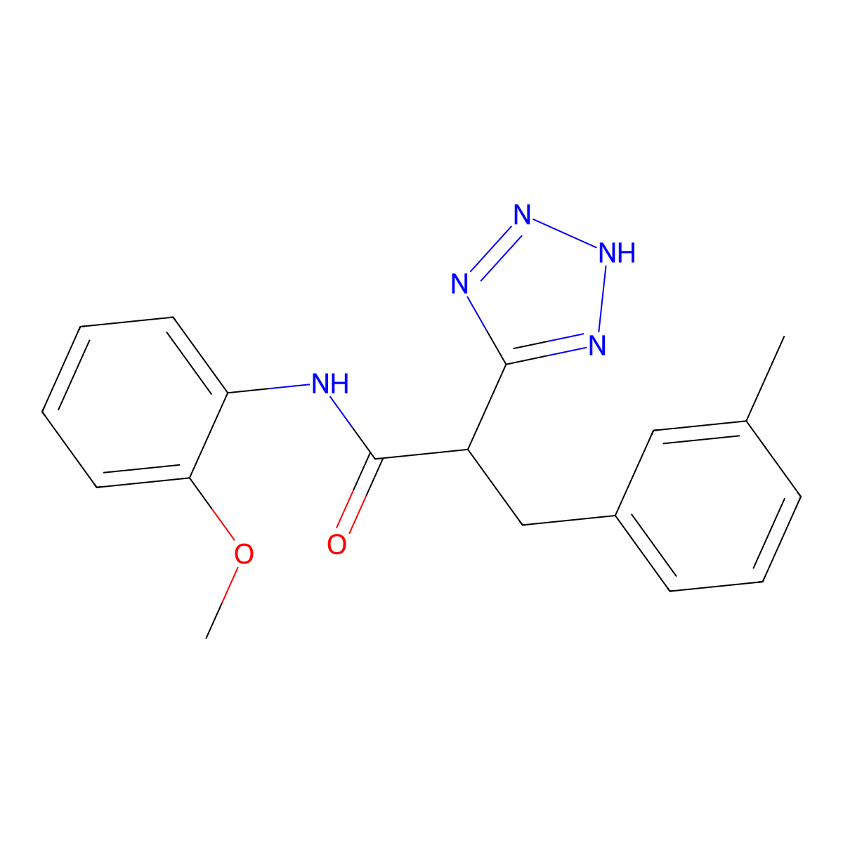 N-(2-methoxyphenyl)-3-(3-methylphenyl)-2-(2H-tetrazol-5-yl)propanamide molecular structure, CAS 483993-93-7