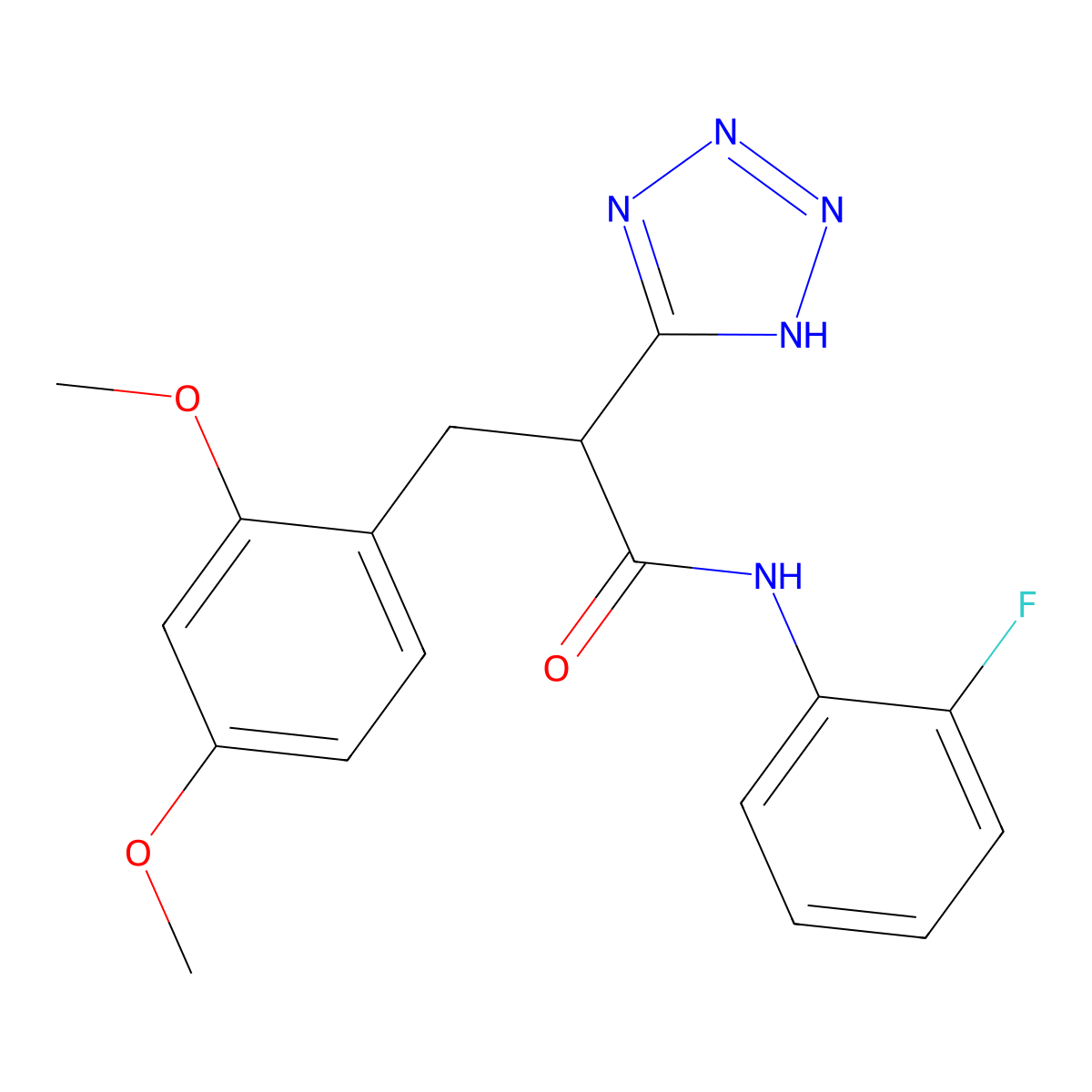 3-(2,4-dimethoxyphenyl)-N-(2-fluorophenyl)-2-(2H-tetrazol-5-yl)propanamide molecular structure, CAS 483995-01-3