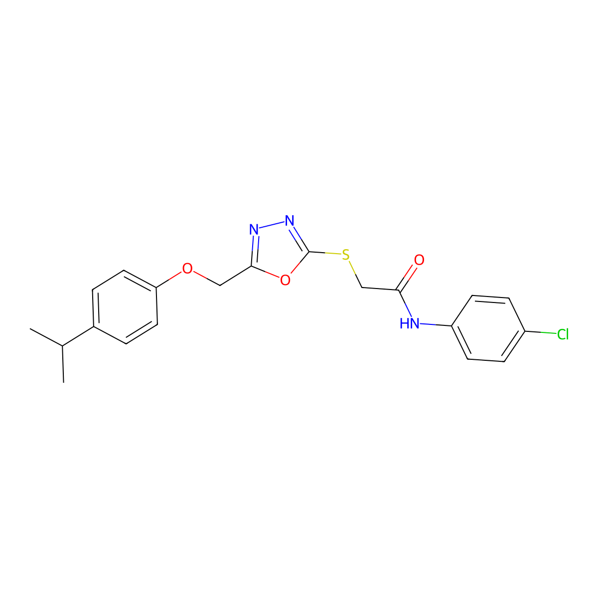N-(4-chlorophenyl)-2-[[5-[(4-propan-2-ylphenoxy)methyl]-1,3,4-oxadiazol-2-yl]sulfanyl]acetamide molecular structure, CAS 484020-59-9