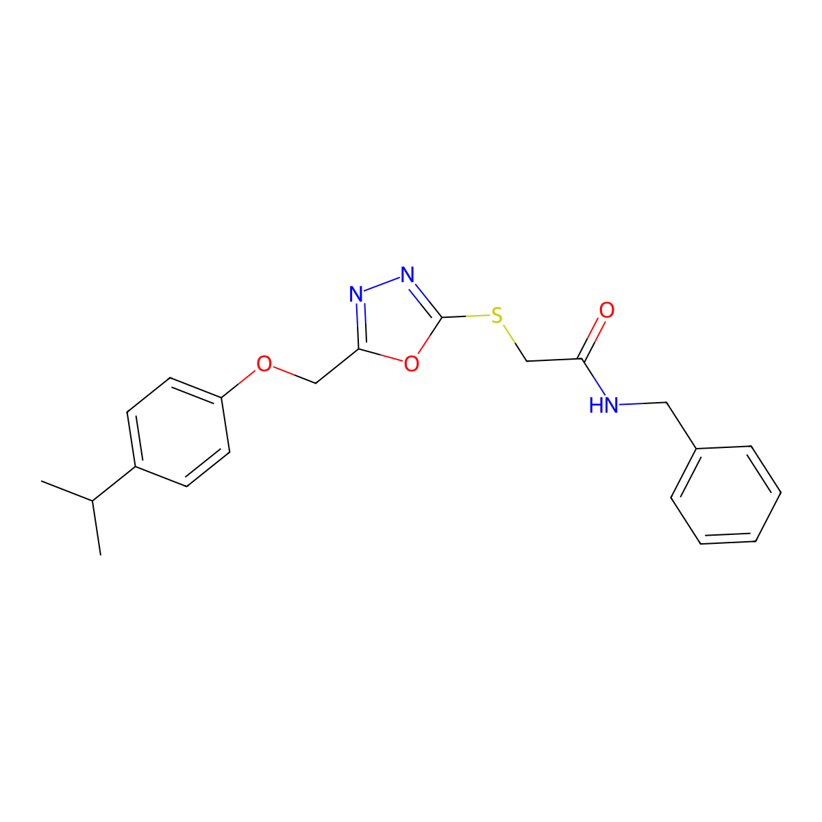 N-benzyl-2-[[5-[(4-propan-2-ylphenoxy)methyl]-1,3,4-oxadiazol-2-yl]sulfanyl]acetamide molecular structure, CAS 484020-80-6