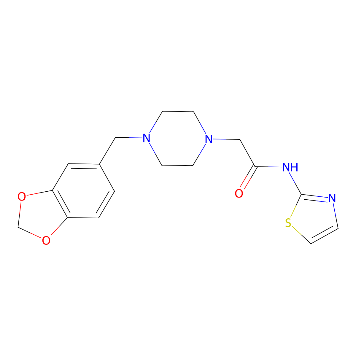 2-(4-Benzo[1,3]dioxol-5-ylmethylpiperazin-1-yl)-N-thiazol-2-yl-acetamide molecular structure, CAS 484027-93-2