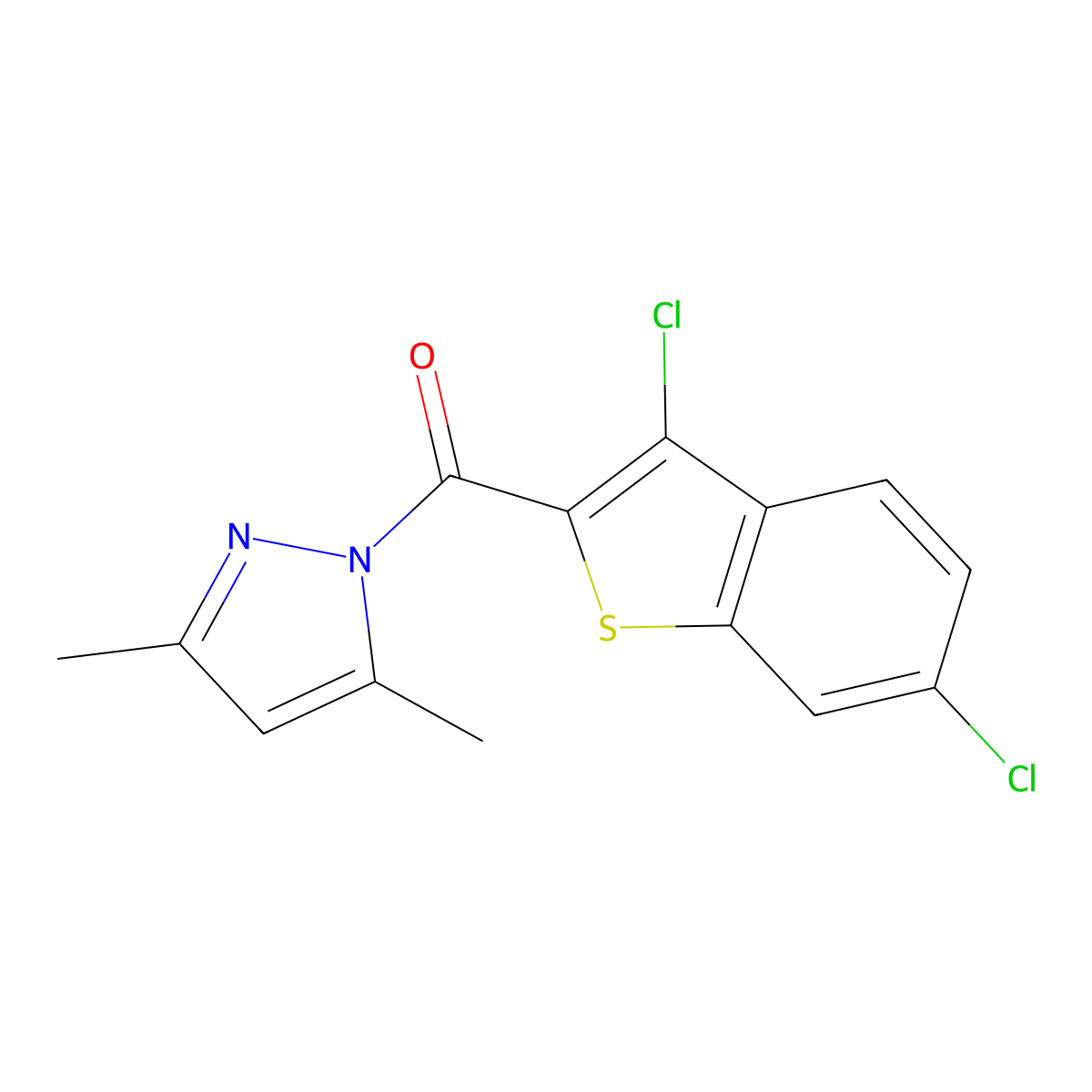 3,6-Dichlorobenzo[b]thiophen-2-yl 3,5-dimethylpyrazolyl ketone molecular structure, CAS 484049-10-7