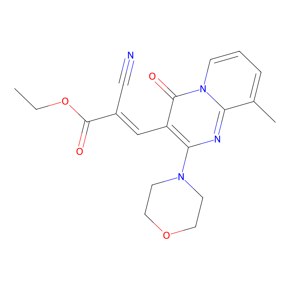 Ethyl 2-cyano-3-(9-methyl-2-morpholin-4-yl-4-oxopyrido[1,2-a]pyrimidin-3-yl)prop-2-enoate molecular structure, CAS 4841-10-5
