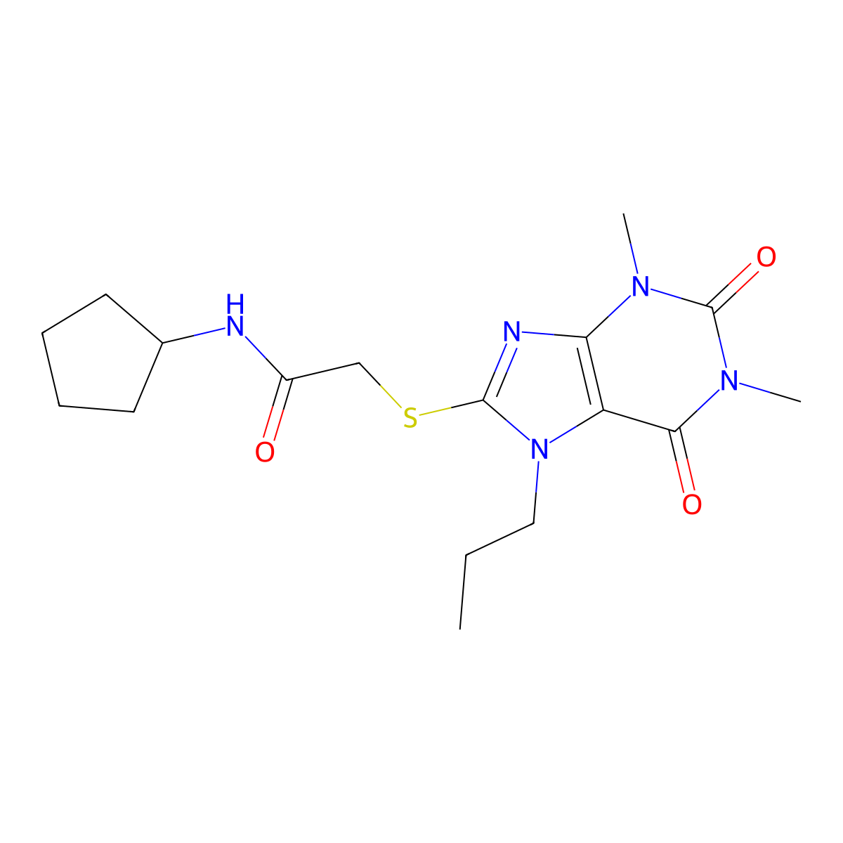 N-cyclopentyl-2-(1,3-dimethyl-2,6-dioxo-7-propylpurin-8-yl)sulfanylacetamide molecular structure, CAS 484645-85-4