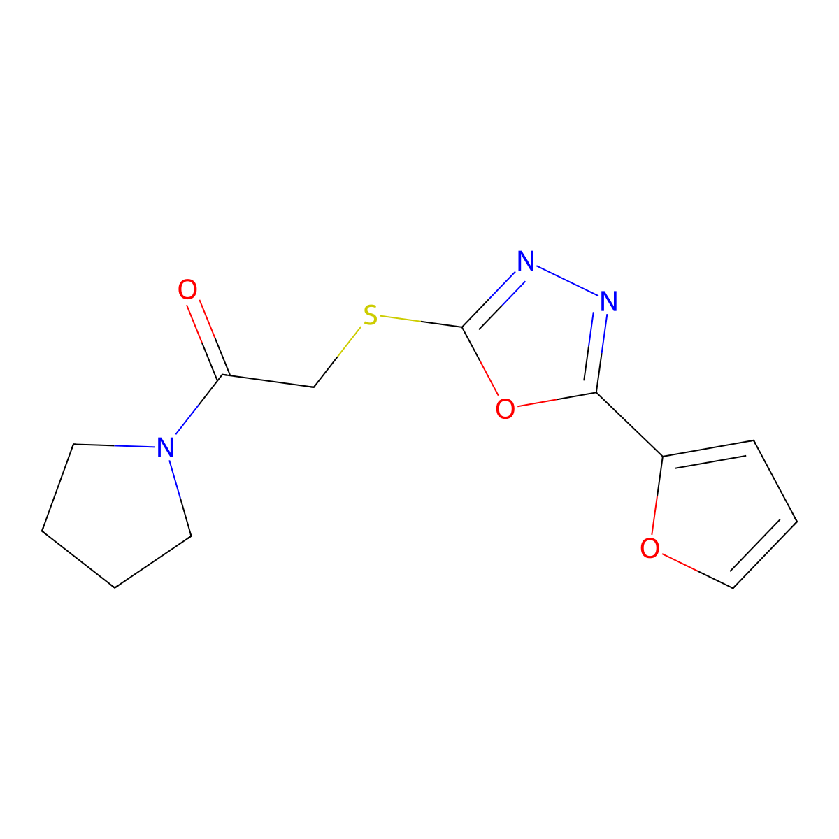 2-((5-(Furan-2-yl)-1,3,4-oxadiazol-2-yl)thio)-1-(pyrrolidin-1-yl)ethanone molecular structure, CAS 484646-23-3