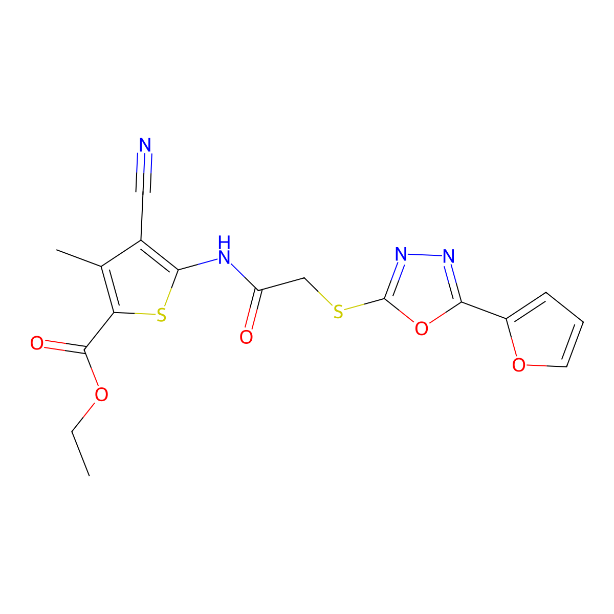 Ethyl 4-cyano-5-[({[5-(2-furyl)-1,3,4-oxadiazol-2-yl]sulfanyl}acetyl)amino]-3-methyl-2-thiophenecarboxylate molecular structure, CAS 484646-48-2