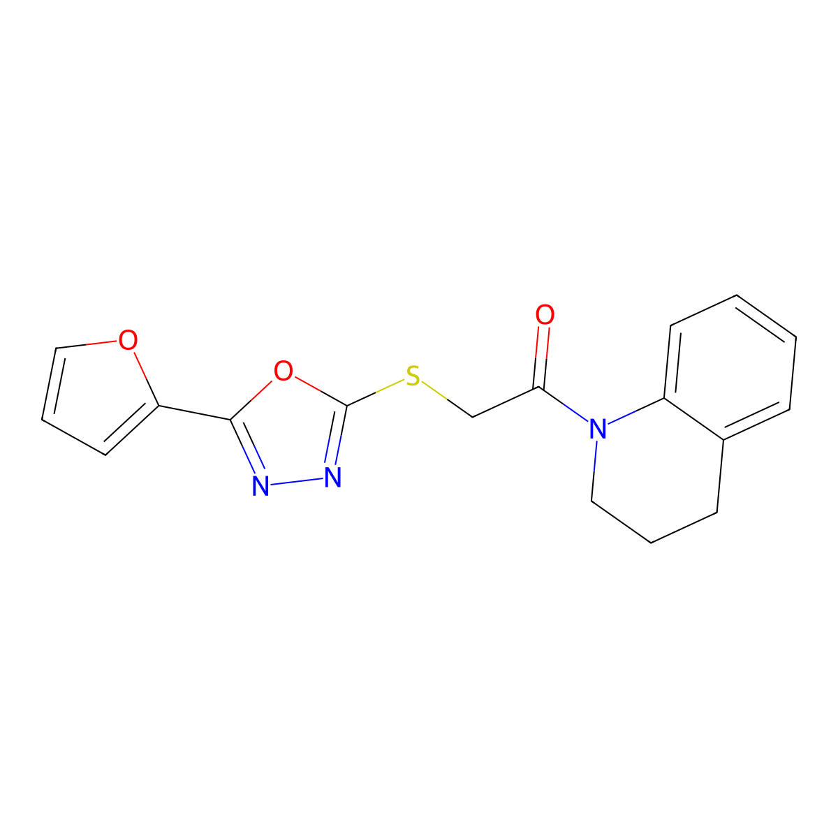 1-(3,4-dihydroquinolin-1(2H)-yl)-2-((5-(furan-2-yl)-1,3,4-oxadiazol-2-yl)thio)ethanone molecular structure, CAS 484646-66-4