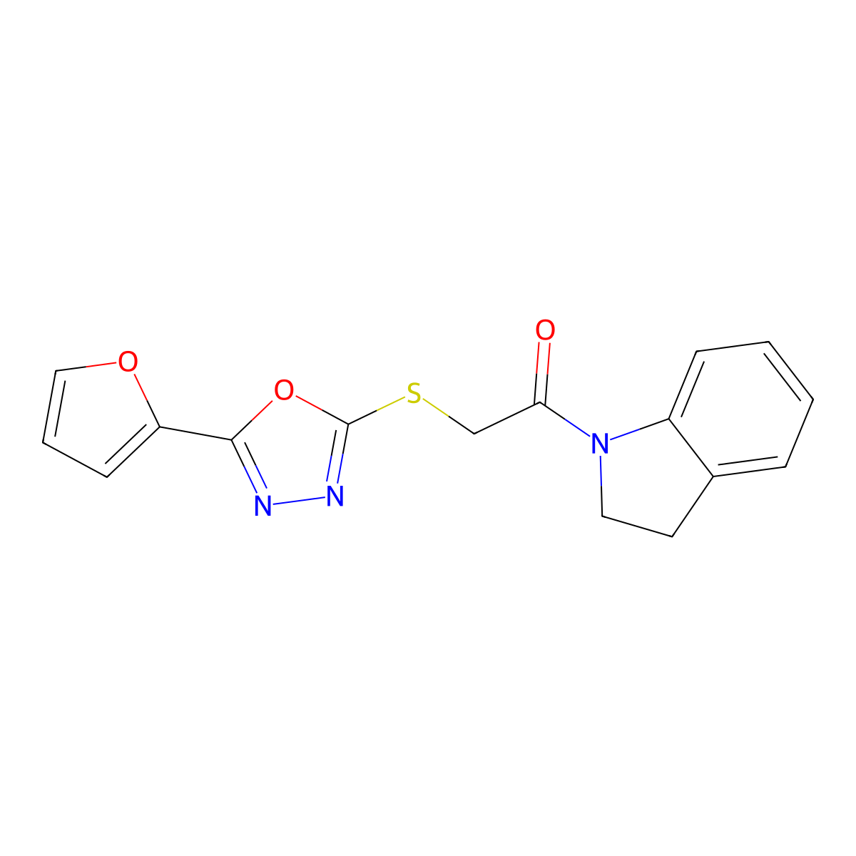 1-(2,3-Dihydroindol-1-yl)-2-[[5-(furan-2-yl)-1,3,4-oxadiazol-2-yl]sulfanyl]ethanone molecular structure, CAS 484646-69-7