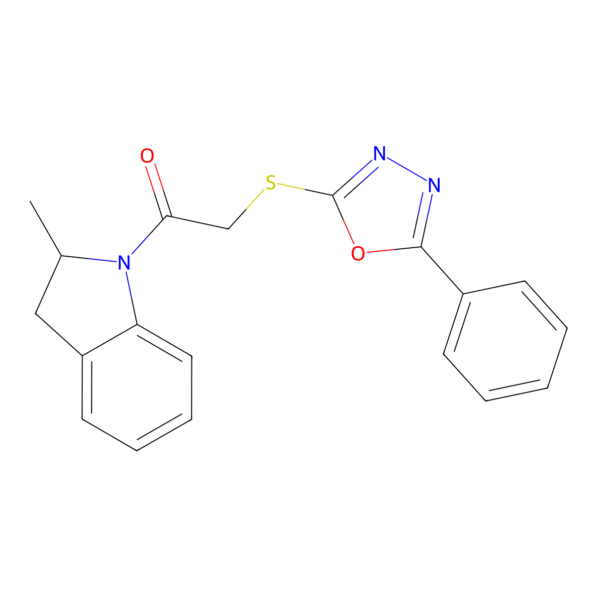 1-(2-Methyl-2,3-dihydroindol-1-yl)-2-[(5-phenyl-1,3,4-oxadiazol-2-yl)sulfanyl]ethanone molecular structure, CAS 484694-35-1