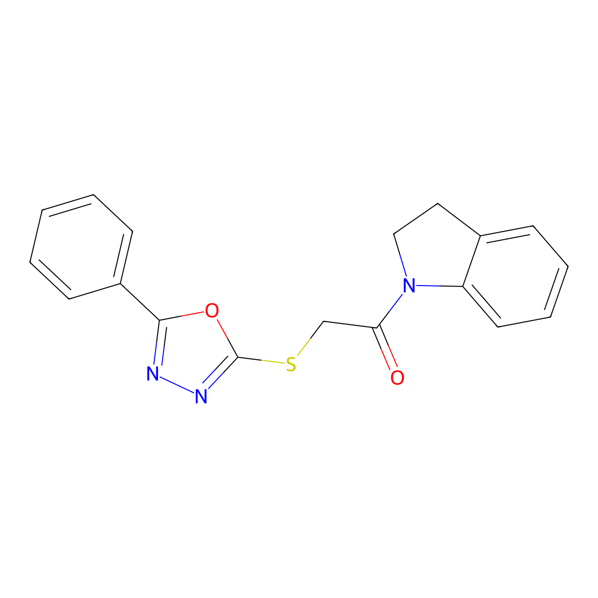 1-(Indolin-1-yl)-2-((5-phenyl-1,3,4-oxadiazol-2-yl)thio)ethanone molecular structure, CAS 484694-52-2