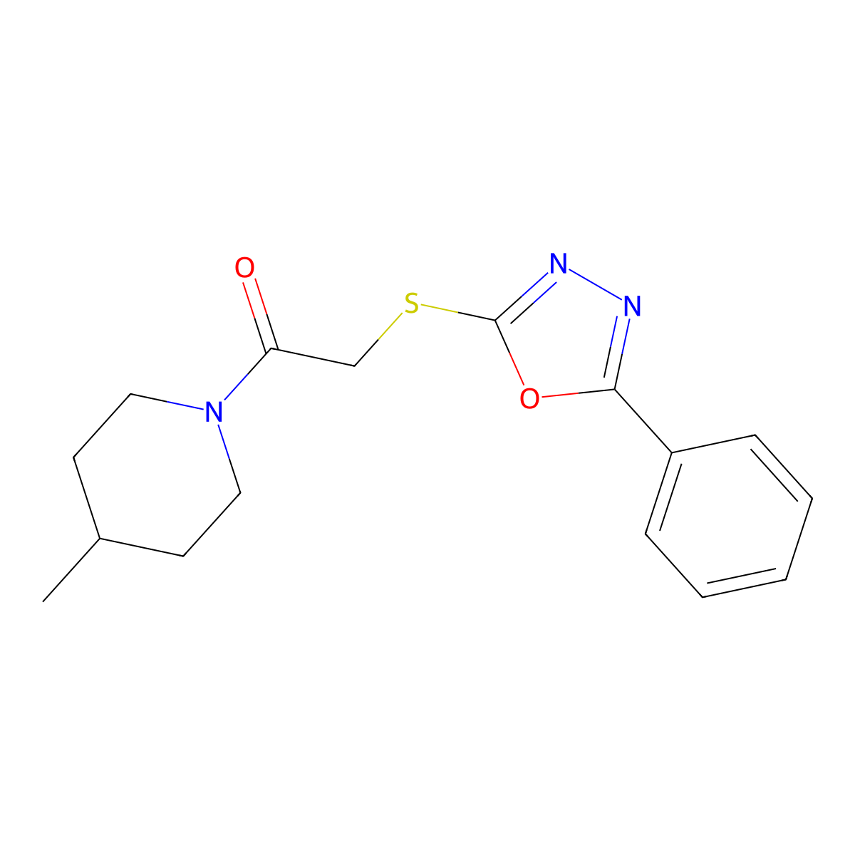 1-(4-Methylpiperidin-1-yl)-2-((5-phenyl-1,3,4-oxadiazol-2-yl)thio)ethanone molecular structure, CAS 484694-58-8