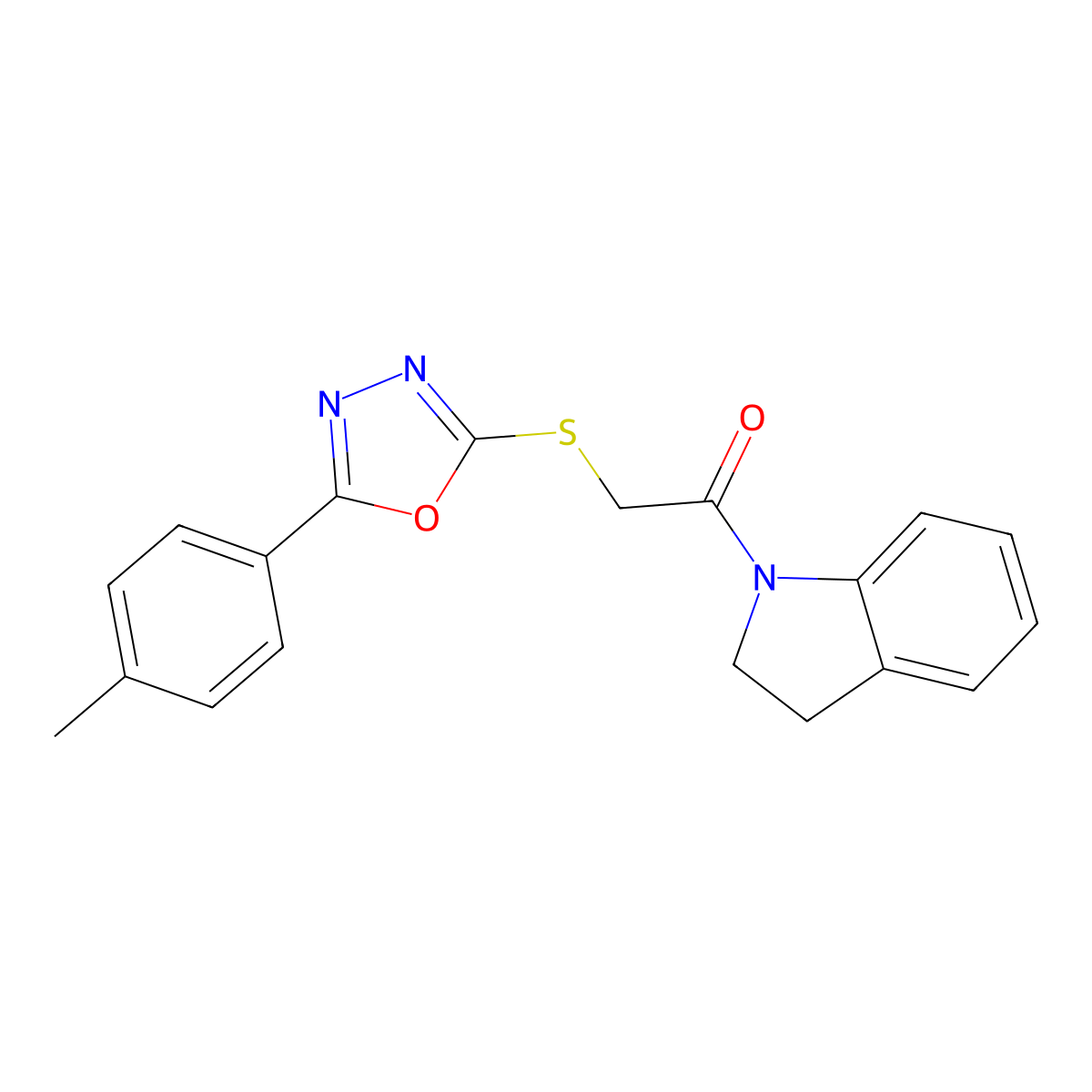 1-(Indolin-1-yl)-2-((5-(p-tolyl)-1,3,4-oxadiazol-2-yl)thio)ethanone molecular structure, CAS 484694-74-8