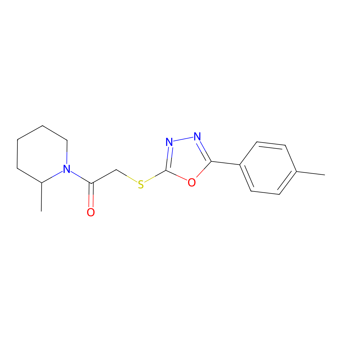 1-(2-Methylpiperidin-1-yl)-2-((5-(p-tolyl)-1,3,4-oxadiazol-2-yl)thio)ethanone molecular structure, CAS 484694-75-9
