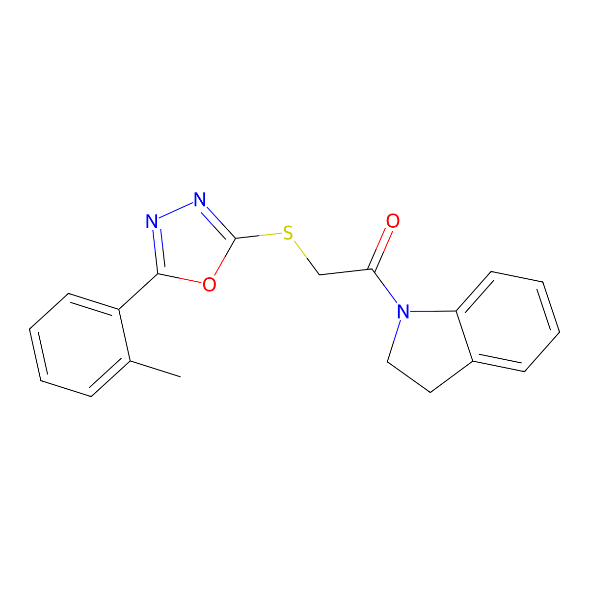 1-(Indolin-1-yl)-2-((5-(o-tolyl)-1,3,4-oxadiazol-2-yl)thio)ethanone molecular structure, CAS 484695-05-8