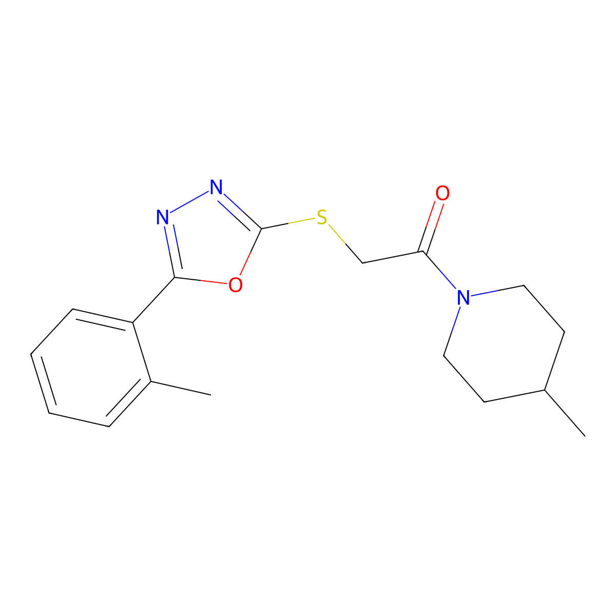 1-(4-Methylpiperidin-1-yl)-2-((5-(o-tolyl)-1,3,4-oxadiazol-2-yl)thio)ethanone molecular structure, CAS 484695-10-5