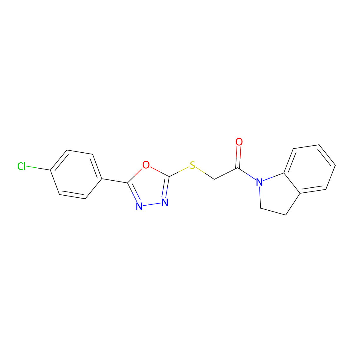 2-((5-(4-Chlorophenyl)-1,3,4-oxadiazol-2-yl)thio)-1-(indolin-1-yl)ethanone molecular structure, CAS 484695-40-1