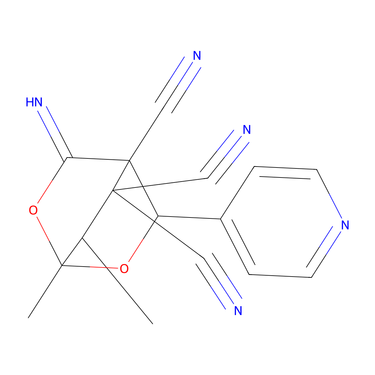 3-Imino-1,7-dimethyl-5-(pyridin-4-yl)-2,6-dioxabicyclo[2.2.2]octane-4,8,8-tricarbonitrile molecular structure, CAS 485317-17-7