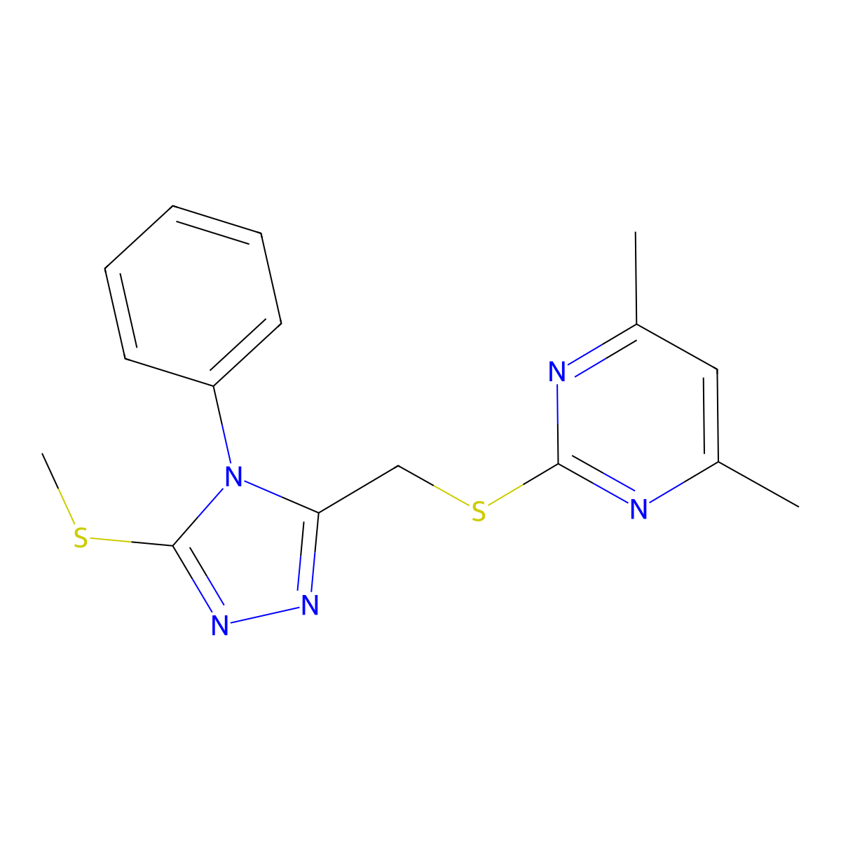 4,6-dimethyl-2-(((5-(methylthio)-4-phenyl-4H-1,2,4-triazol-3-yl)methyl)thio)pyrimidine molecular structure, CAS 485327-84-2