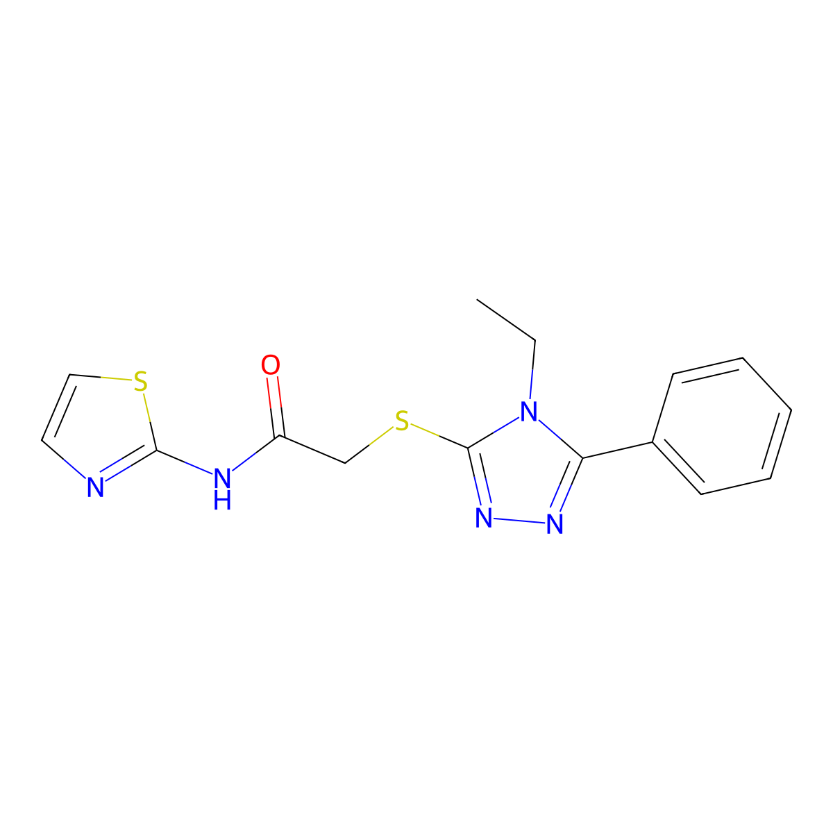 2-[(4-ethyl-5-phenyl-1,2,4-triazol-3-yl)sulfanyl]-N-(1,3-thiazol-2-yl)acetamide molecular structure, CAS 485334-37-0