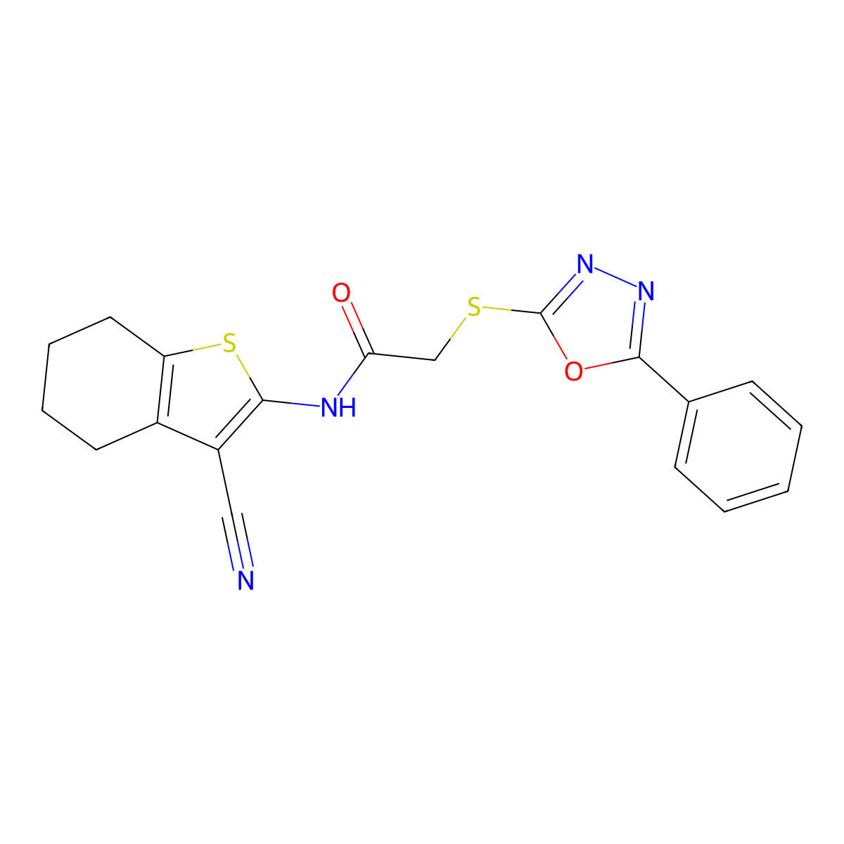 N-(3-cyano-4,5,6,7-tetrahydro-1-benzothiophen-2-yl)-2-[(5-phenyl-1,3,4-oxadiazol-2-yl)sulfanyl]acetamide molecular structure, CAS 485334-61-0
