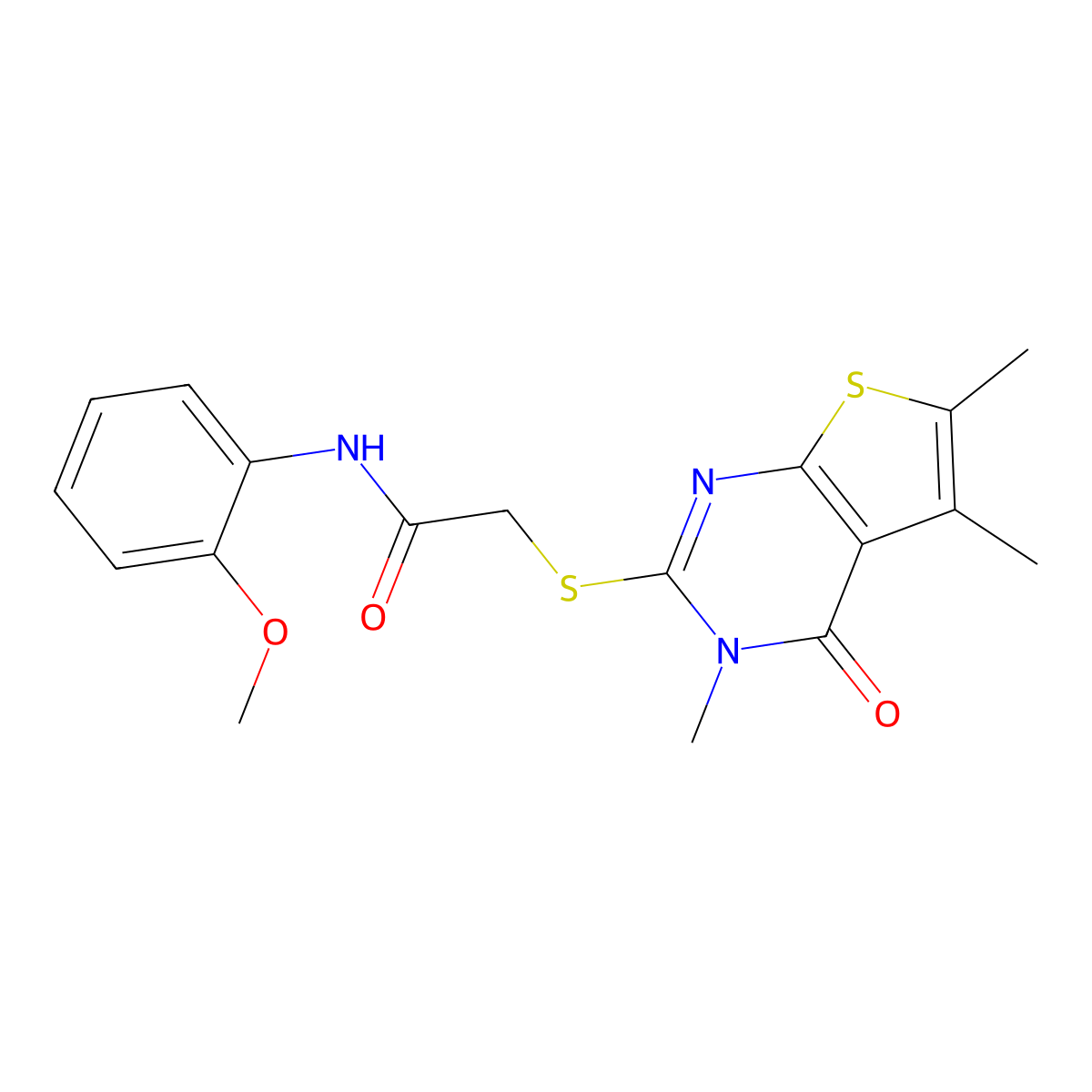 N-(2-methoxyphenyl)-2-(3,5,6-trimethyl-4-oxothieno[2,3-d]pyrimidin-2-yl)sulfanylacetamide molecular structure, CAS 485337-81-3