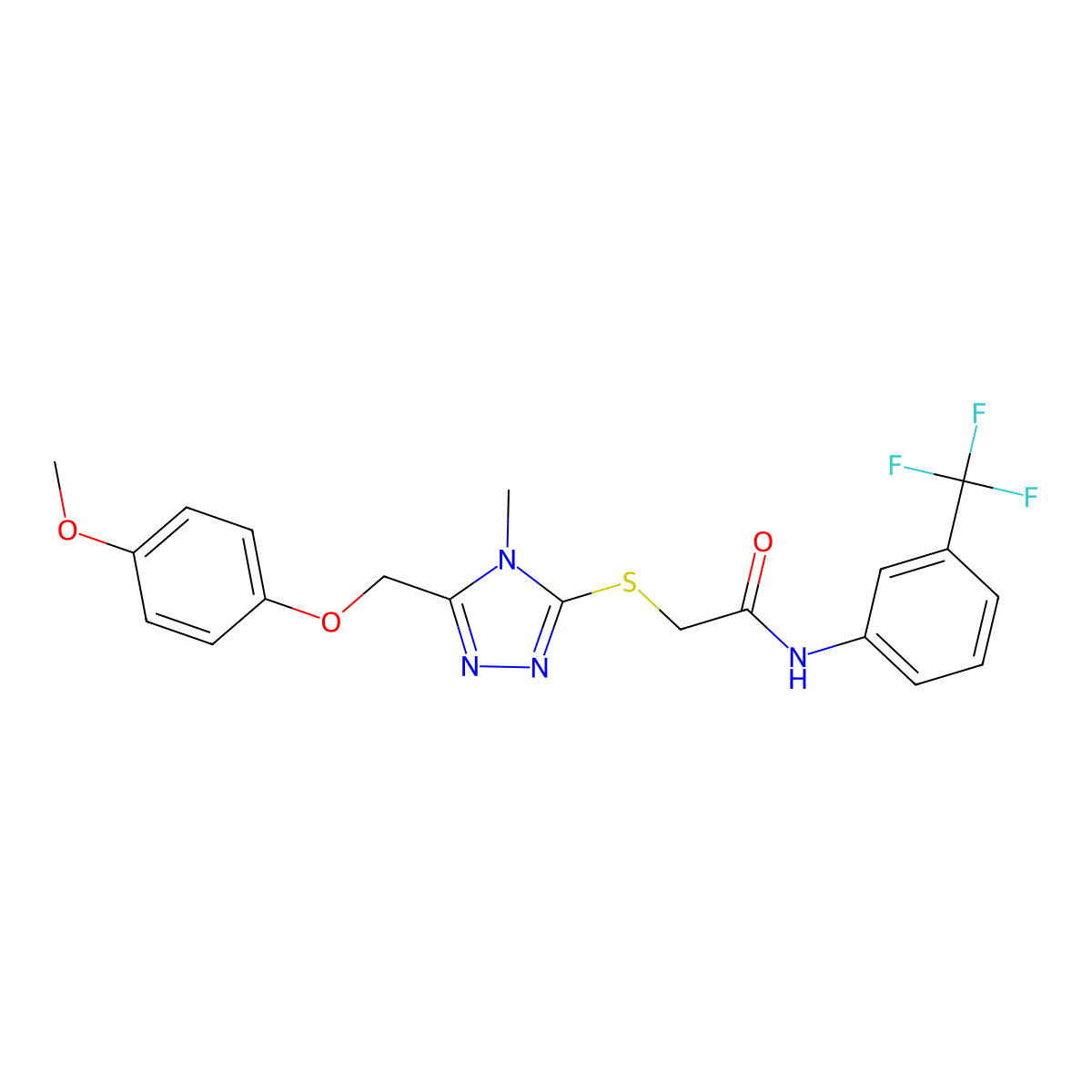 2-[[5-[(4-methoxyphenoxy)methyl]-4-methyl-1,2,4-triazol-3-yl]sulfanyl]-N-[3-(trifluoromethyl)phenyl]acetamide molecular structure, CAS 485339-42-2