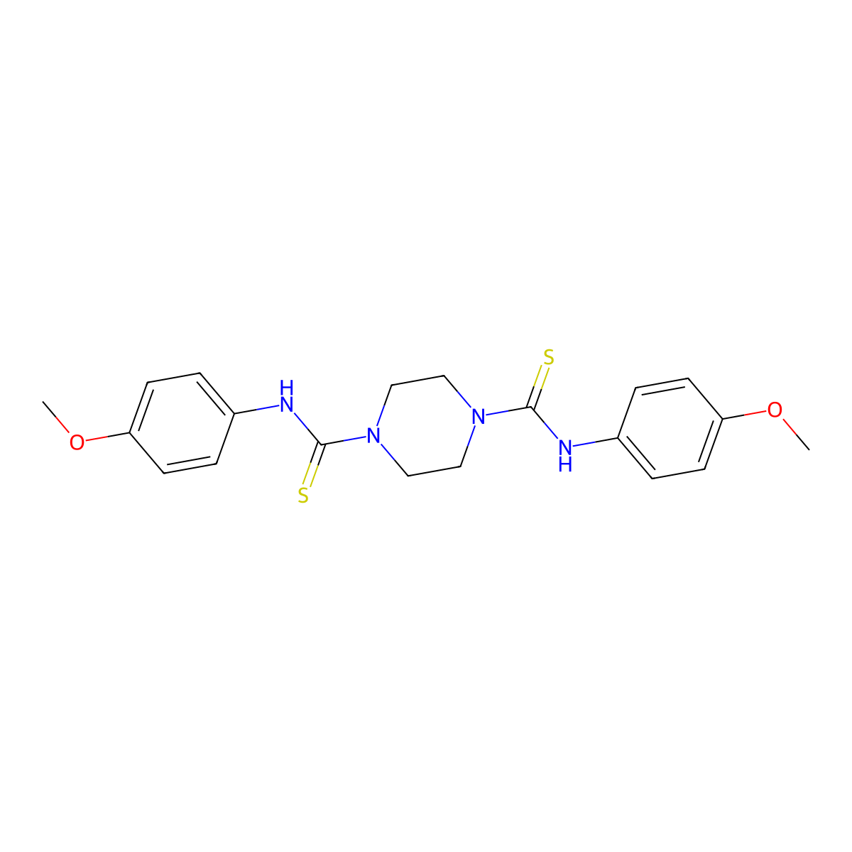((4-Methoxyphenyl)amino)(4-(((4-methoxyphenyl)amino)thioxomethyl)piperazinyl)methane-1-thione molecular structure, CAS 485356-33-0