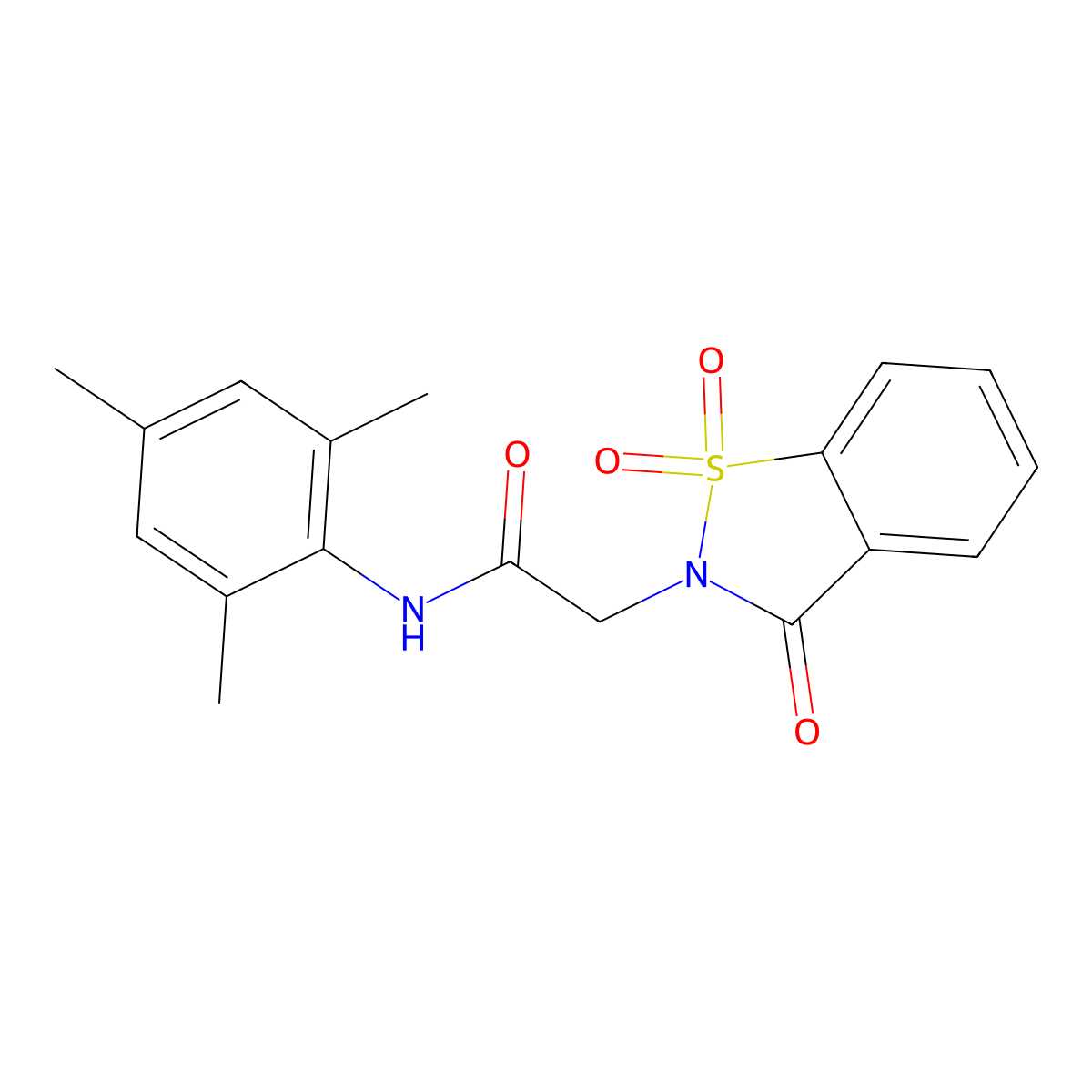 2-(1,1-dioxido-3-oxo-1,2-benzisothiazol-2(3H)-yl)-N-mesitylacetamide molecular structure, CAS 485379-23-5