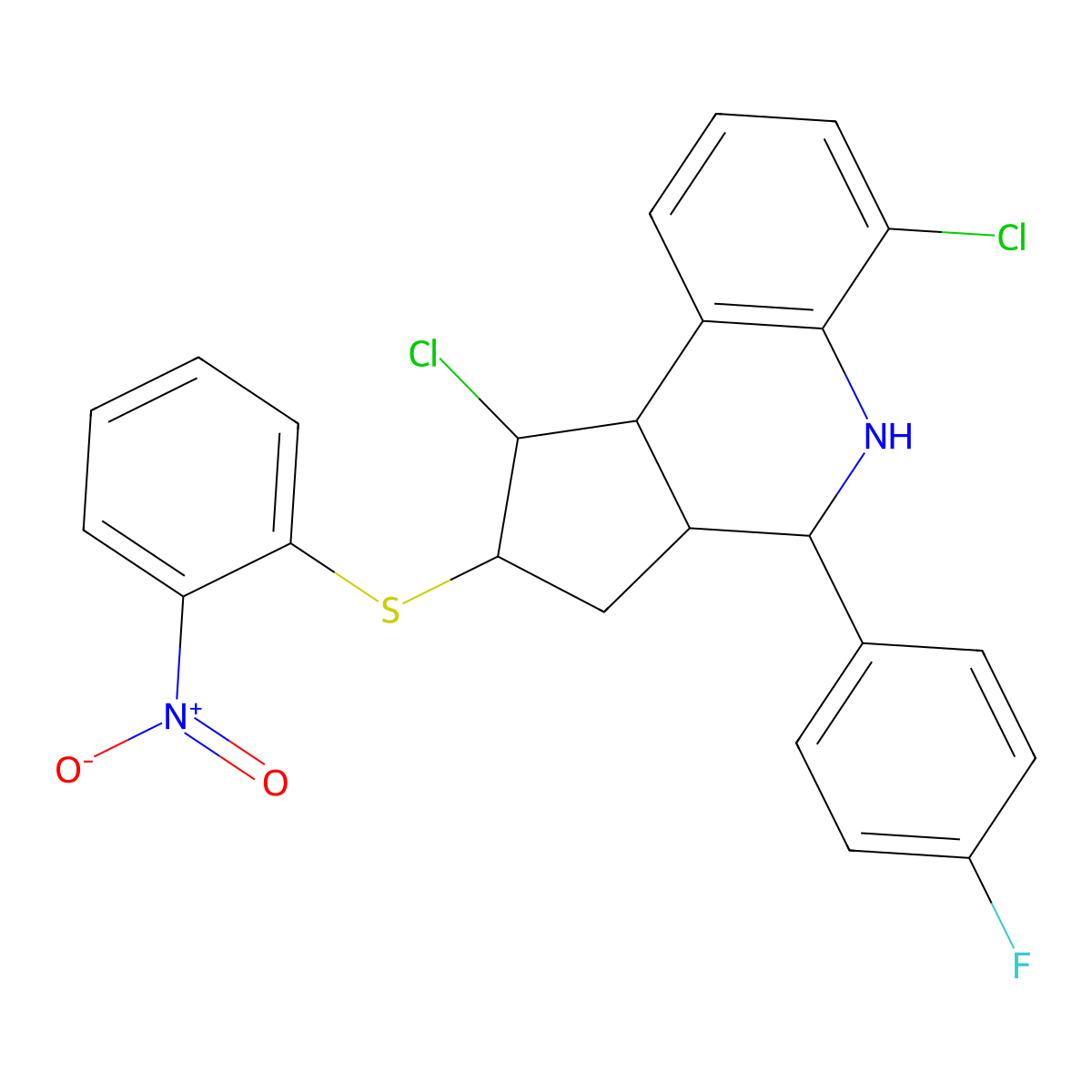 1,6-dichloro-4-(4-fluorophenyl)-2-({2-nitrophenyl}sulfanyl)-2,3,3a,4,5,9b-hexahydro-1H-cyclopenta[c]quinoline molecular structure, CAS 485389-27-3